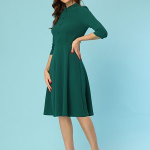 Retro 3/4 Sleeve Stand Collar Office Work Elegant A-Line Dress Dark Green/L - Allegra K catalog