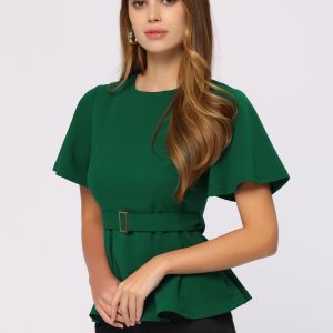 Peplum Round Neck Bell Sleeve Belted Waist Office Blouse Green/L - Allegra K catalog