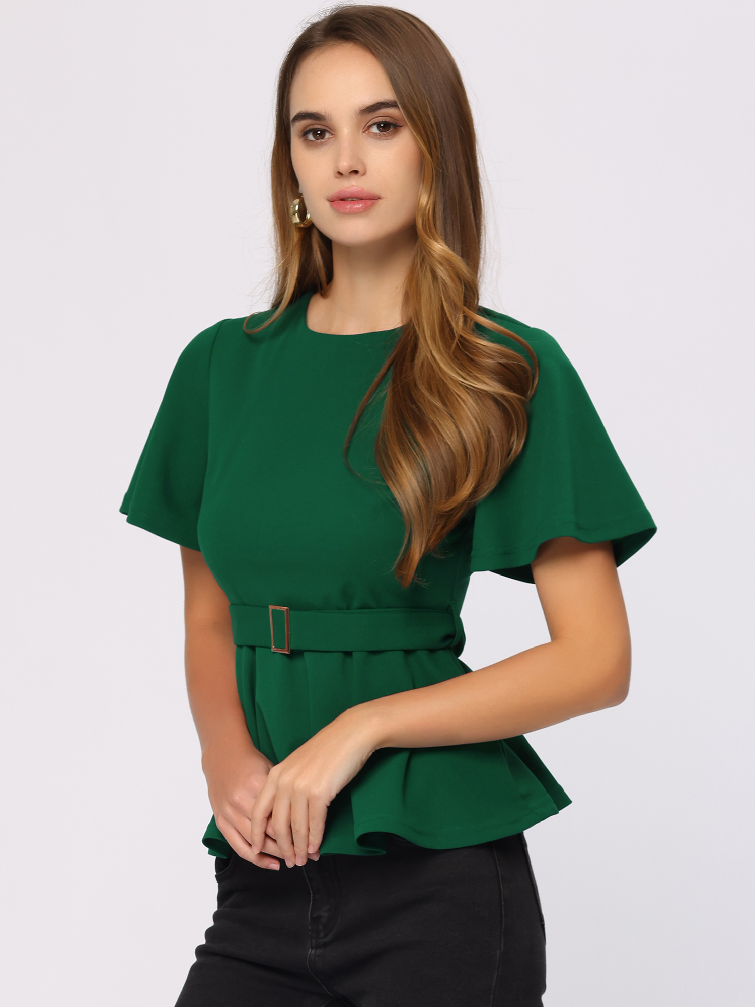 Peplum Round Neck Bell Sleeve Belted Waist Office Blouse Green/XL - Allegra K catalog