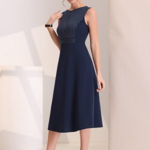 Striped Crew Neck Sleeveless A-Line Midi Work Office Dress Dark Blue/XS - Allegra K catalog