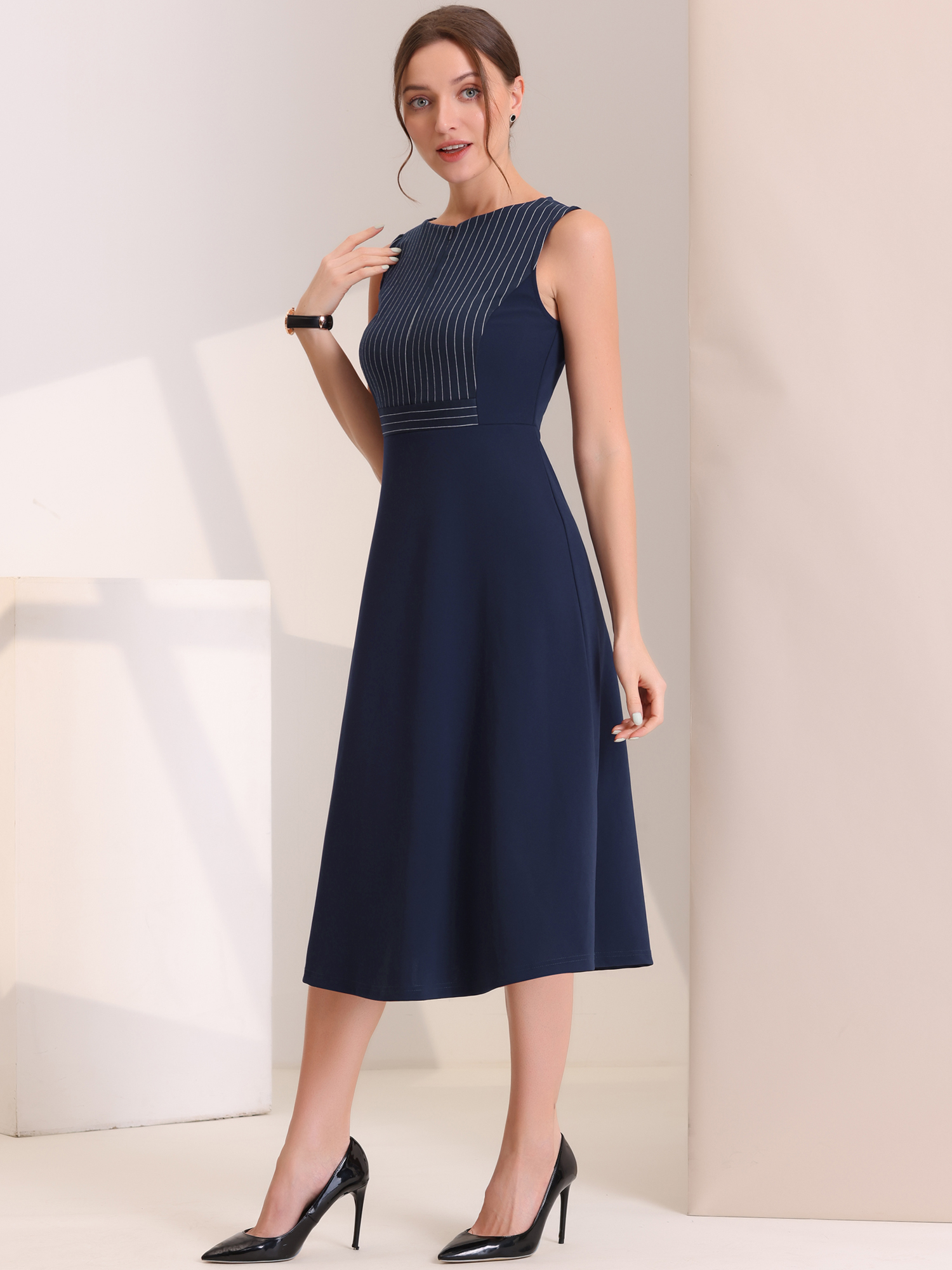 Striped Crew Neck Sleeveless A-Line Midi Work Office Dress Dark Blue/L - Allegra K catalog