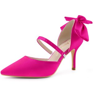Pointed Toe Bow Satin Stiletto Heel Pumps Hot Pink/8 - Allegra K catalog