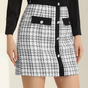Plaid Tweed Contrast Color Button Decor Business Casual Mini Skirt White/L - Allegra K catalog
