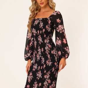 Floral Puff Sleeve Ruffle Bodycon Square Neck Smocked Mermaid Dress Black/XL - Allegra K catalog