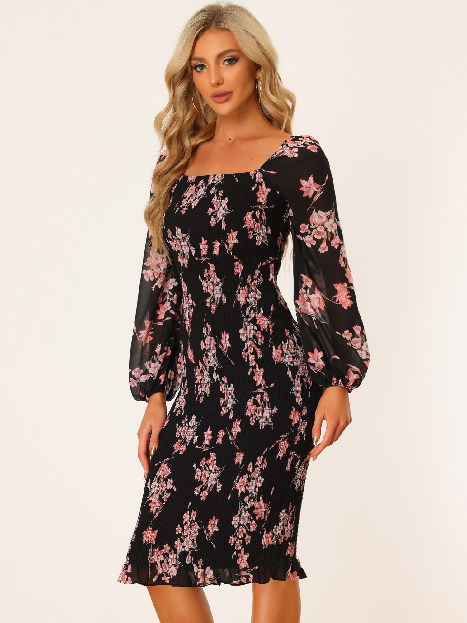 Floral Puff Sleeve Ruffle Bodycon Square Neck Smocked Mermaid Dress Black/XL - Allegra K catalog