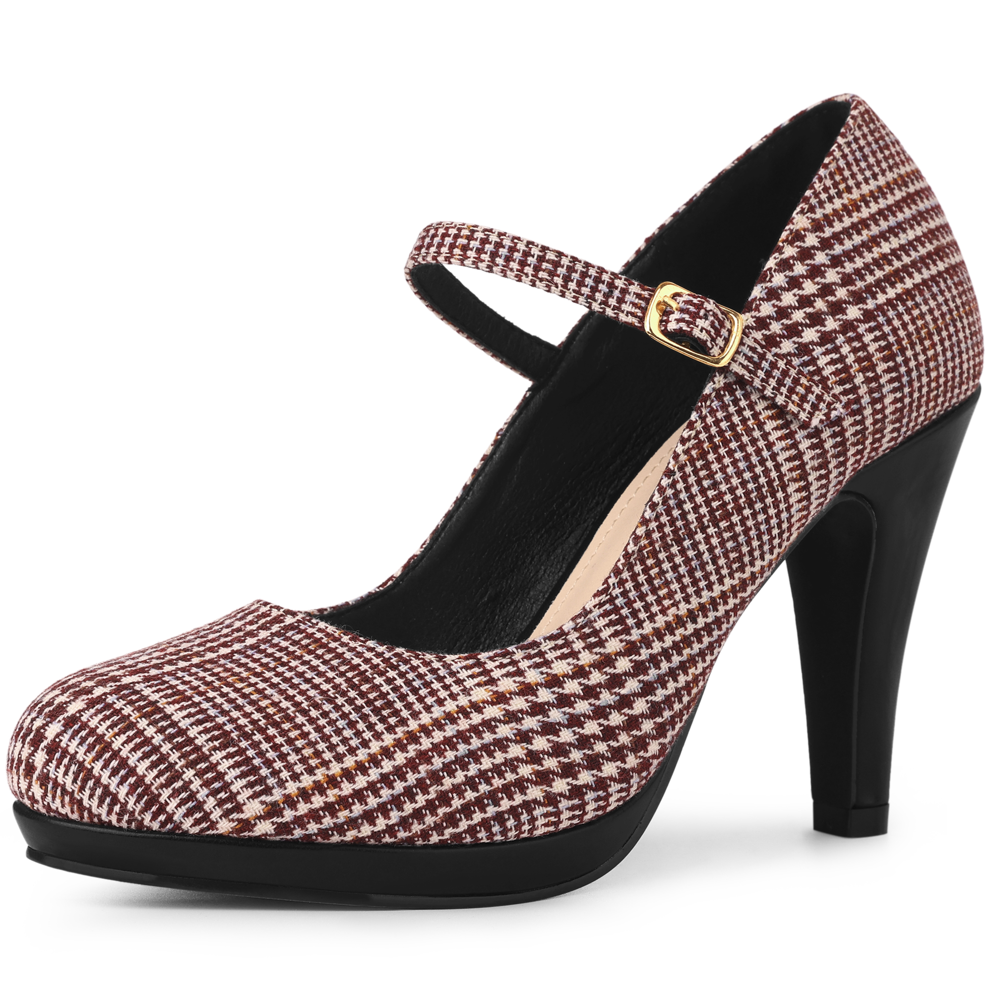 Houndstooth Platform Stiletto Heel Mary Janes Pumps Burgundy/8.5 - Allegra K catalog