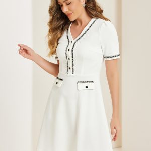 V Neck Half Placket Short Sleeve Textured A-Line Midi Dress White/S - Allegra K catalog