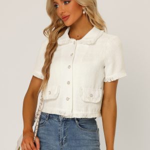 Tweed Tassel Cropped Length Summer Short Sleeve Shirt White/S - Allegra K catalog