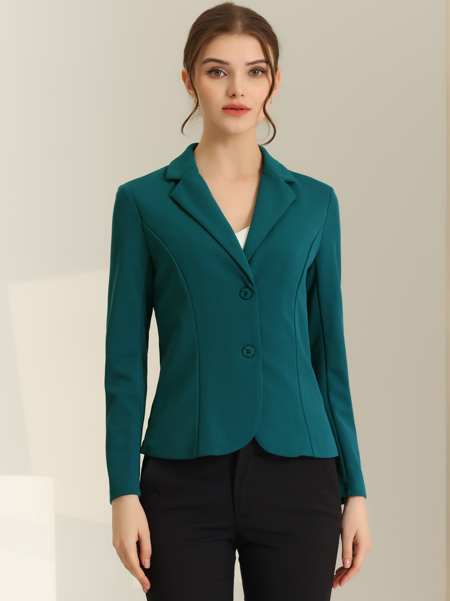Stretch Notched Lapel Collar Work Office Jacket Blazer Peacock Blue/M - Allegra K catalog