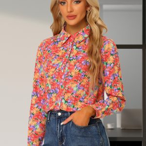 Button Down Floral Long Sleeve Point Collar Blouse Orange/M - Allegra K catalog
