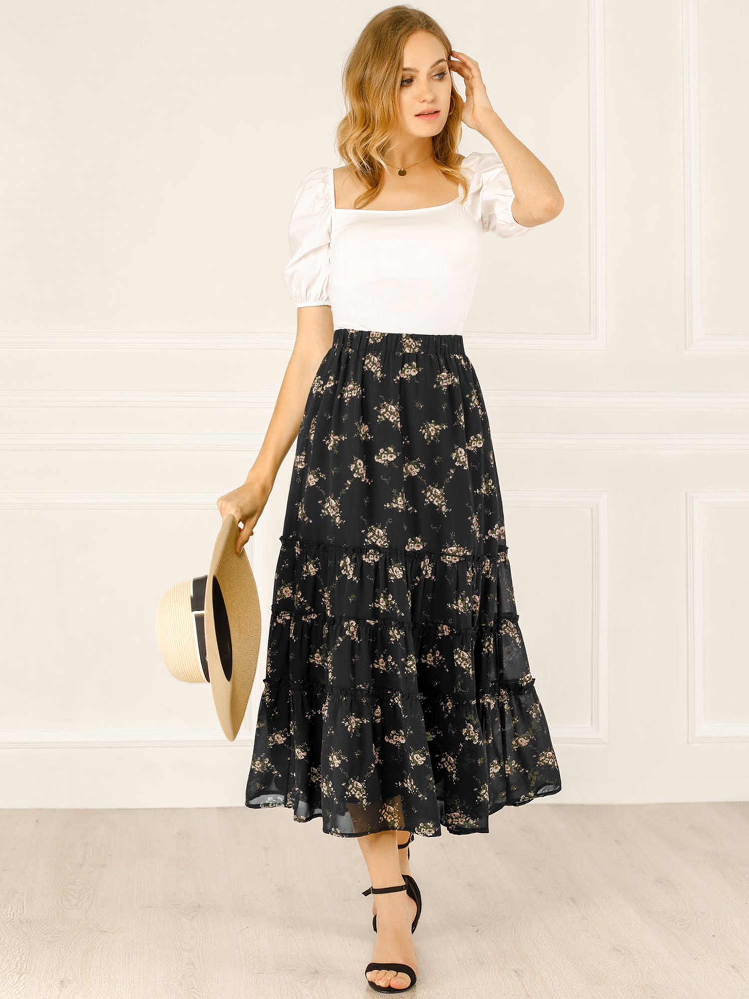 Ruffle Boho Chiffon Floral Printed Long Tiered Midi Skirt Black/3XL - Allegra K catalog