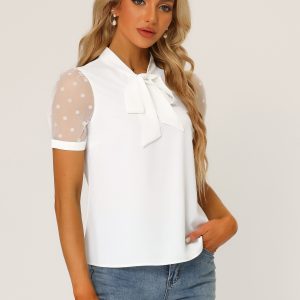 Bow Tie V Neck Stand Collar Short Mesh Sleeve Blouse White/M - Allegra K catalog