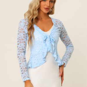 Floral Lace Shrug Tie Front Ruffled Hem Sheer Crop Bolero Light Blue/S - Allegra K catalog