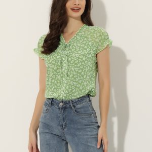 Ditsy Floral Print Chiffon Short Sleeve Ruffle Blouse Green/M - Allegra K catalog
