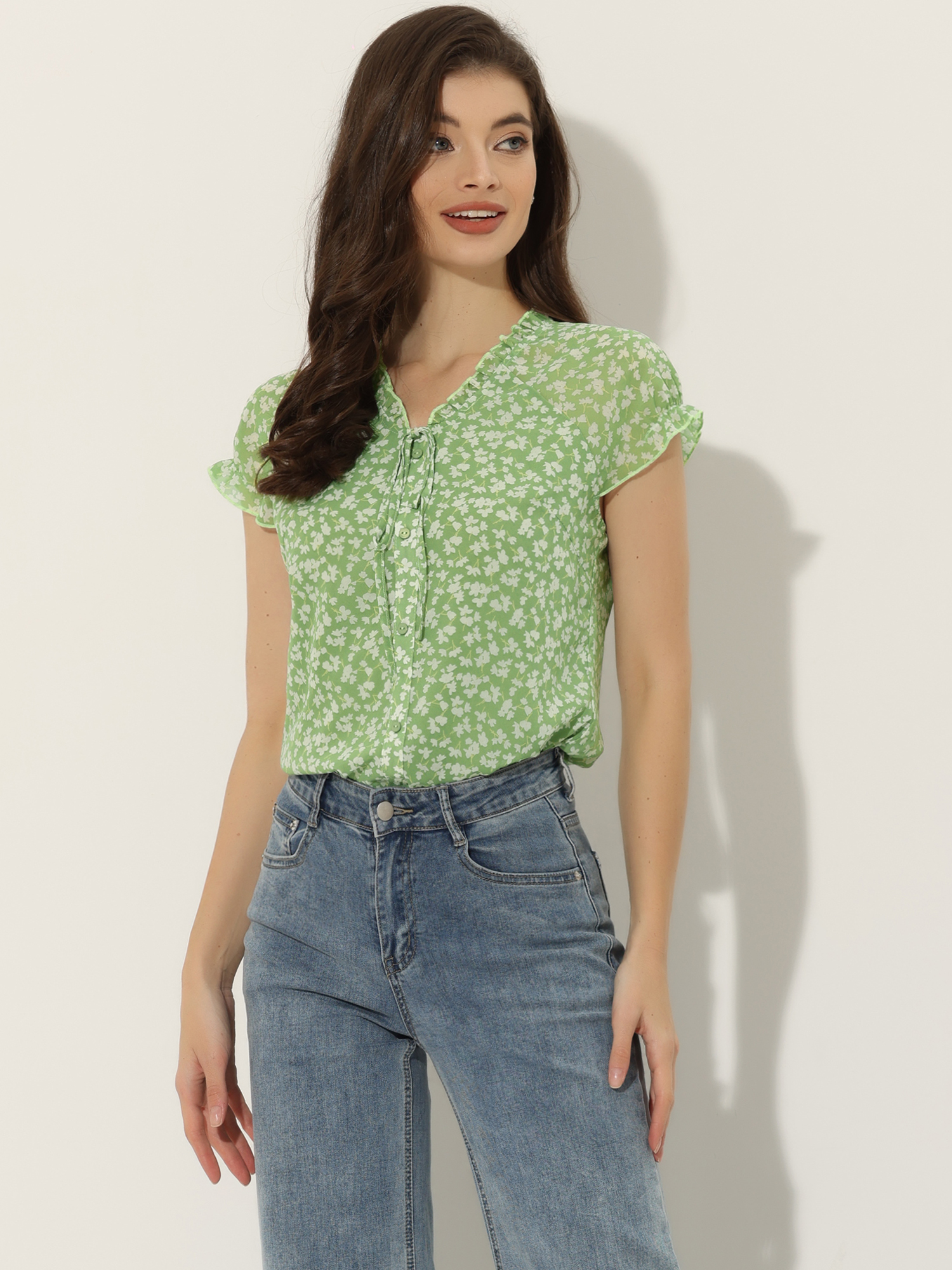 Ditsy Floral Print Chiffon Short Sleeve Ruffle Blouse Green/L - Allegra K catalog