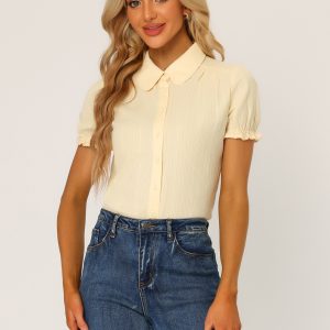 Cotton Frilled Top Turndown Collar Solid Blouse Shirt Beige/M - Allegra K catalog