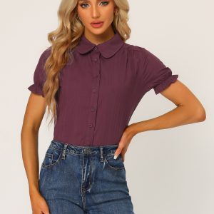 Cotton Frilled Top Turndown Collar Solid Blouse Shirt Plum Purple/XS - Allegra K catalog