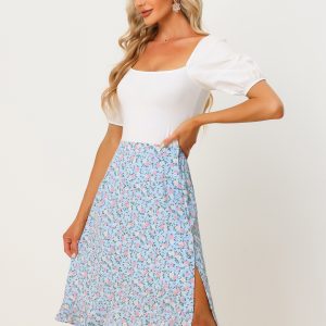 Floral Ruffle Elastic High Waist Button Flowy Split Midi Skirt Light Blue/L - Allegra K catalog