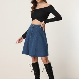 High Waisted A-Line Flared Casual Denim Midi Jean Skirt Dark Blue/XS - Allegra K catalog