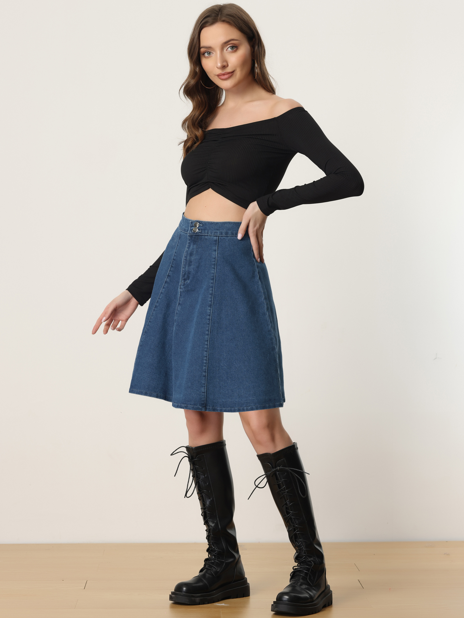 High Waisted A-Line Flared Casual Denim Midi Jean Skirt Dark Blue/S - Allegra K catalog