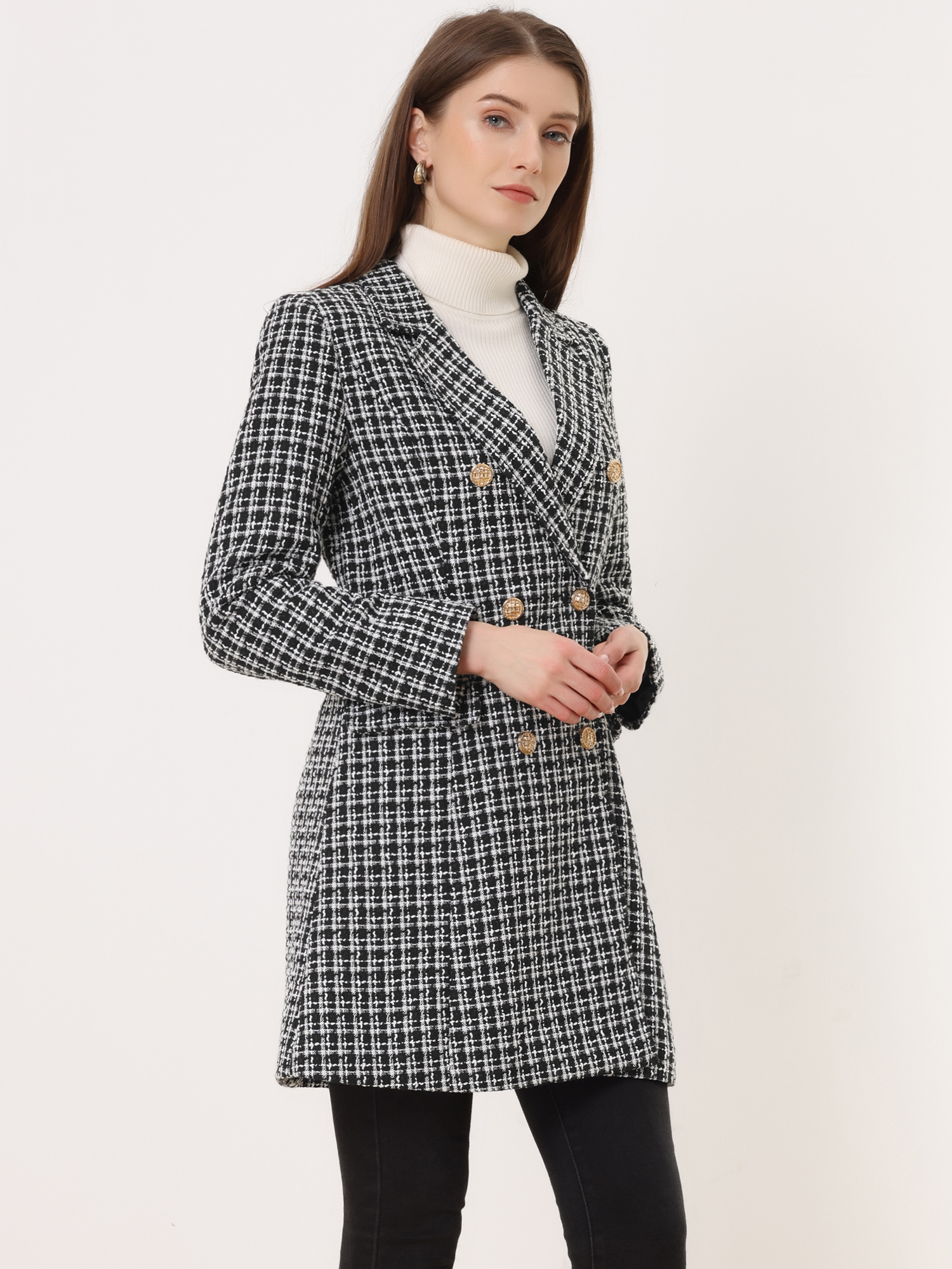 Lapel Collar Elegant Double Breasted Plaid Tweed Coat Black/XS - Allegra K catalog