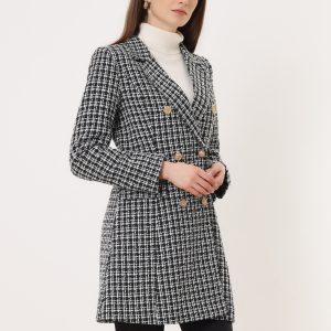 Lapel Collar Elegant Double Breasted Plaid Tweed Coat Black/M - Allegra K catalog