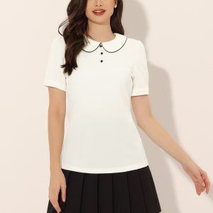 Peter Pan Collar Contrast Trim Puff Sleeve Blouse White/S - Allegra K catalog