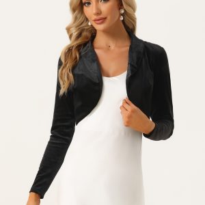 Long Sleeve Lapel Collar Velvet Open Front Cropped Bolero Shrugs Black/S - Allegra K catalog