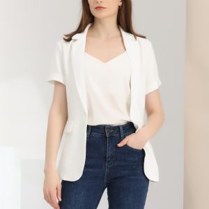 1 Button Office Business Short Sleeve Blazer Jacket Beige White/XL - Allegra K catalog