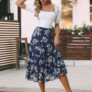 Ruffle Boho Chiffon Floral Printed Long Tiered Midi Skirt Antique Blue/S - Allegra K catalog