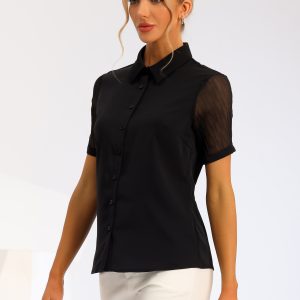 Button Down Shirt Sheer Short Sleeve Point Collar Work Tops Black/L - Allegra K catalog