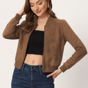 Faux Suede Crop Stand Collar Zip Up Biker Moto Bomber Jackets Brown/XS - Allegra K catalog