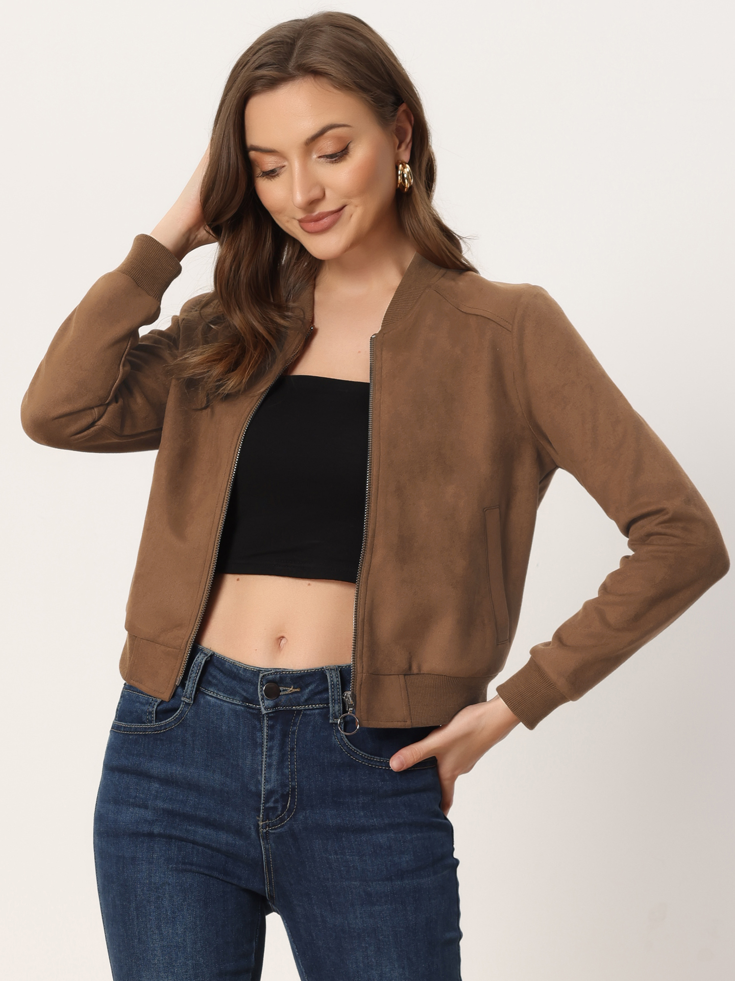 Faux Suede Crop Stand Collar Zip Up Biker Moto Bomber Jackets Brown/L - Allegra K catalog
