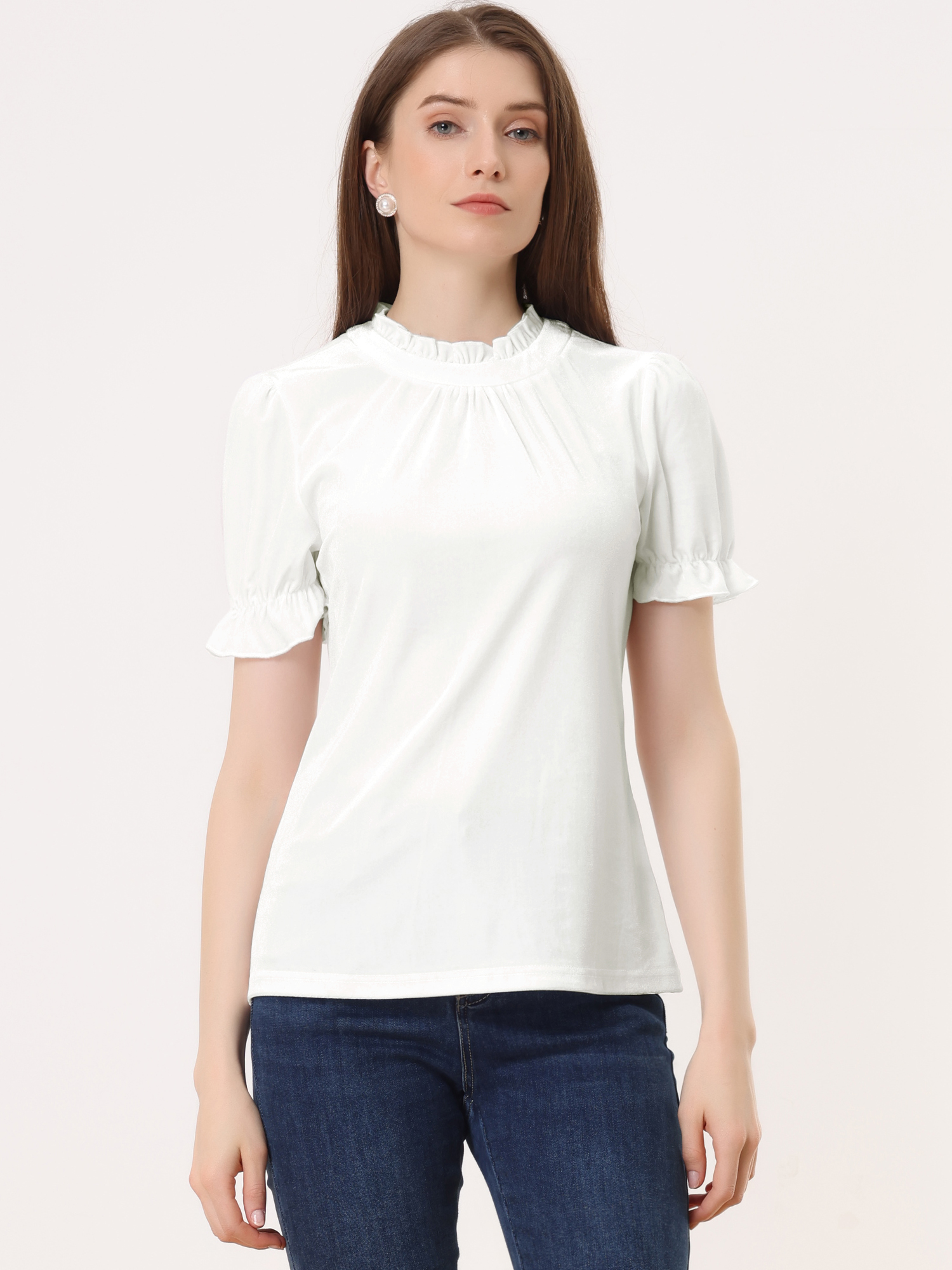 Ruffle Collar Short Cuff Sleeve Velvet Tops Blouse White/M - Allegra K catalog