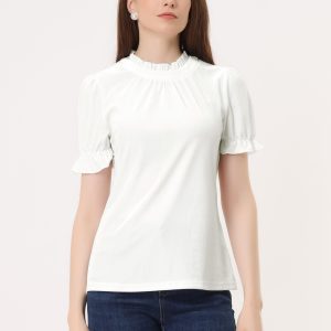 Ruffle Collar Short Cuff Sleeve Velvet Tops Blouse White/XL - Allegra K catalog