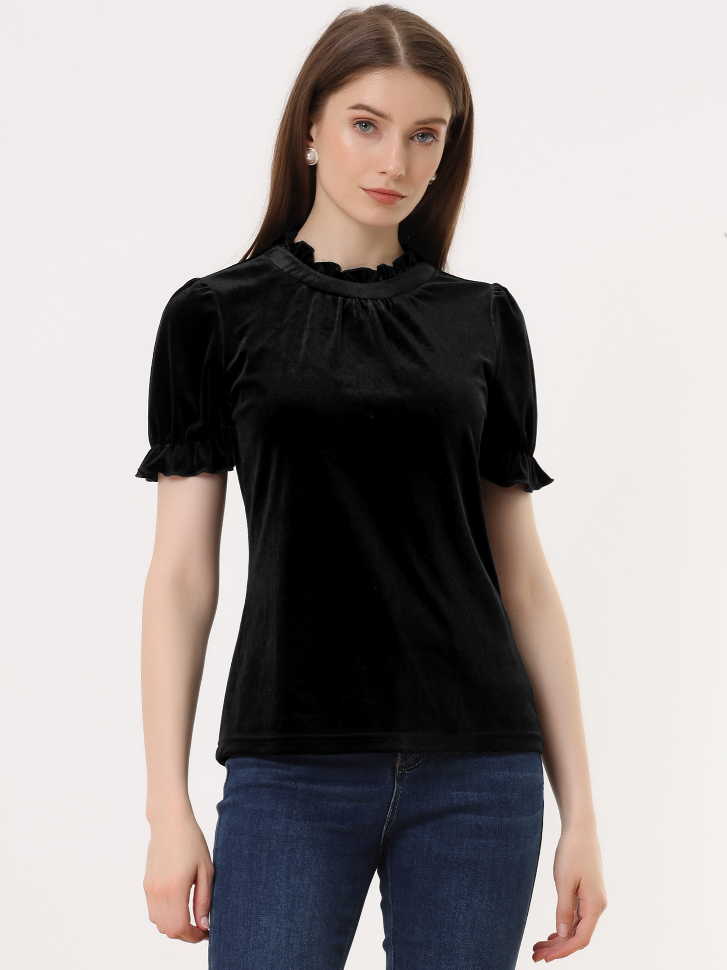 Ruffle Collar Short Cuff Sleeve Velvet Tops Blouse Black/L - Allegra K catalog