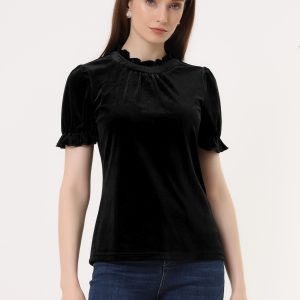Ruffle Collar Short Cuff Sleeve Velvet Tops Blouse Black/XL - Allegra K catalog