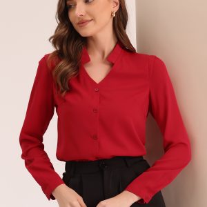 Work Office Blouse Button Up Long Sleeve V Neck Chiffon Shirt Red/S - Allegra K catalog