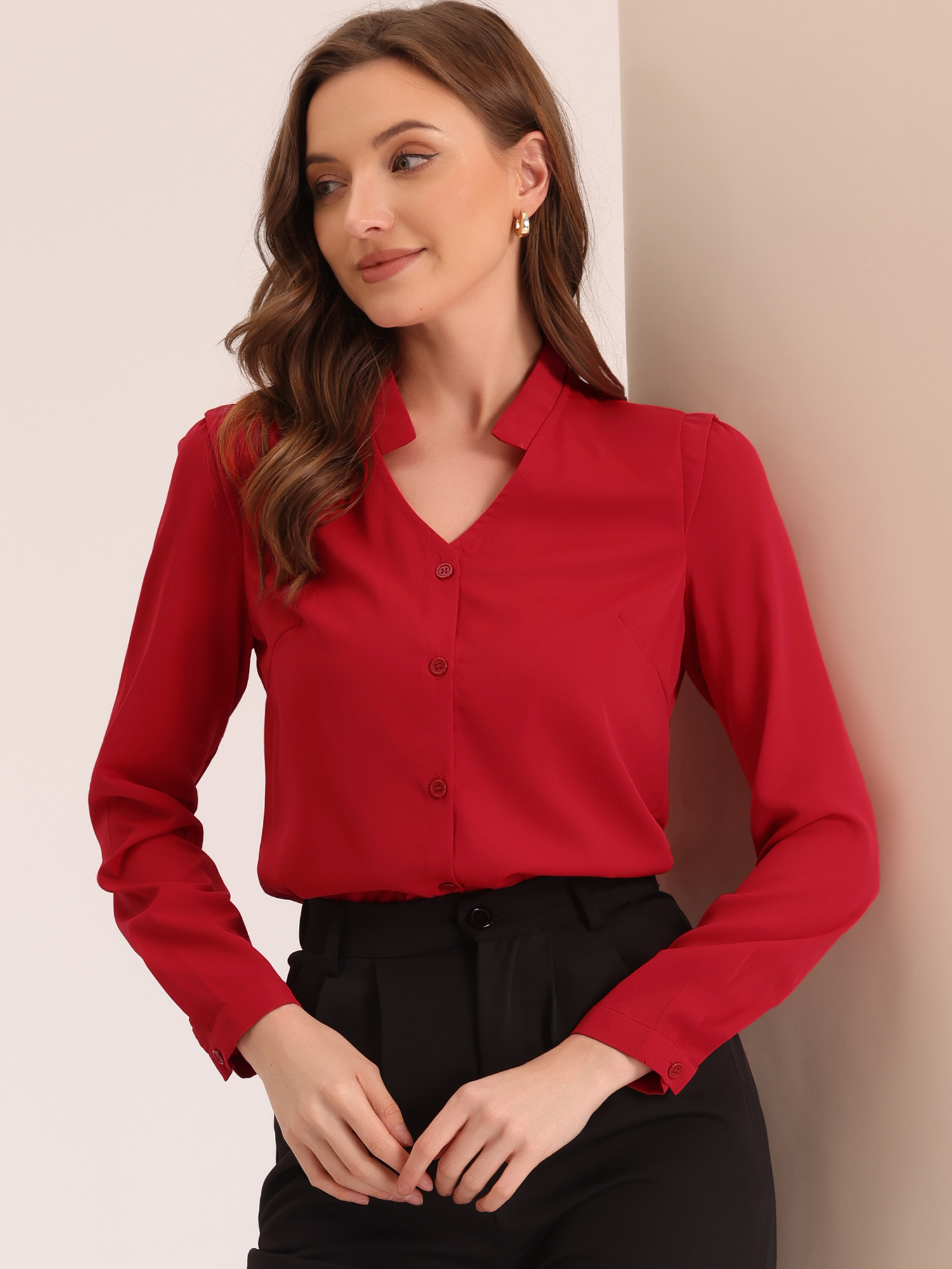 Work Office Blouse Button Up Long Sleeve V Neck Chiffon Shirt Red/S - Allegra K catalog