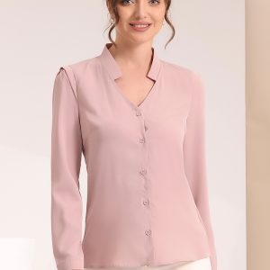 Work Office Blouse Button Up Long Sleeve V Neck Chiffon Shirt Grey Pink/L - Allegra K catalog