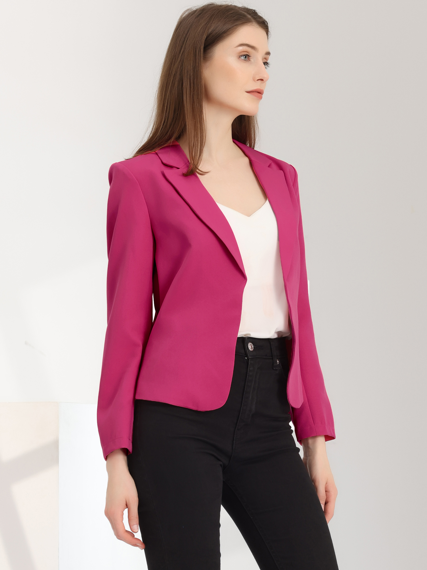 Open Front Office Work Business Crop Suit Blazer Jacket Hot Pink/XS - Allegra K catalog
