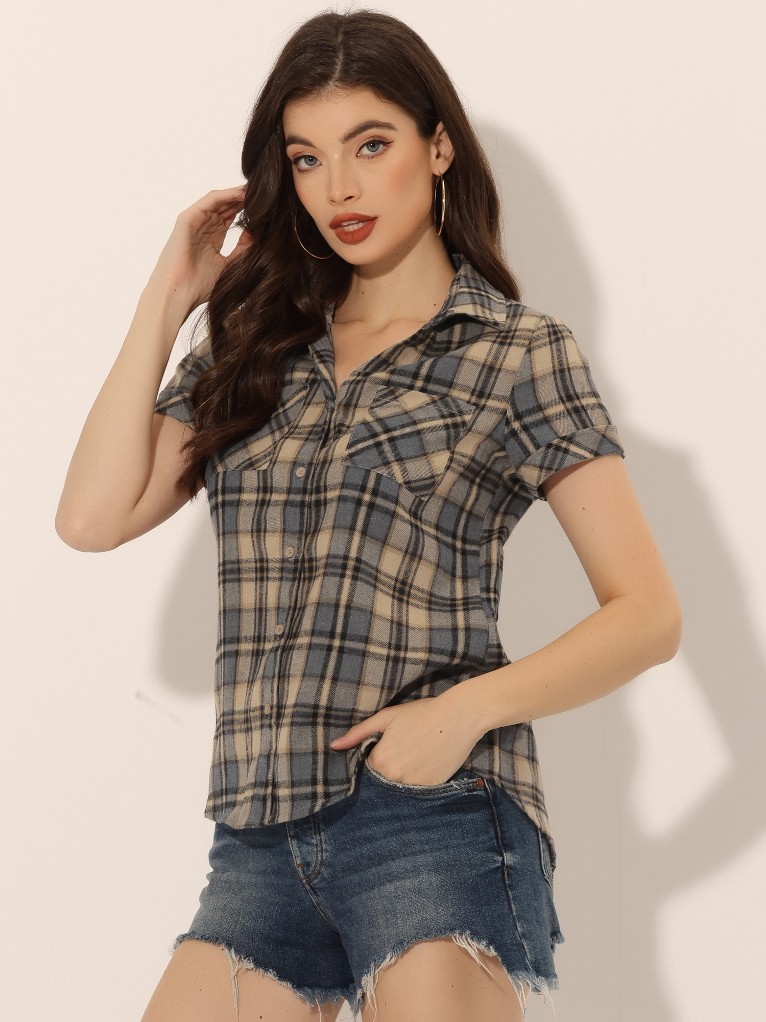 Button Down Cotton Classic Western Plaid Shirt Brown Black/S - Allegra K catalog