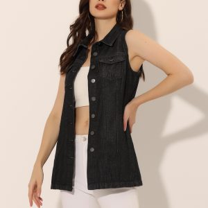 Casual Button Down Waistcoat Sleeveless Mid Long Denim Vest Black/L - Allegra K catalog