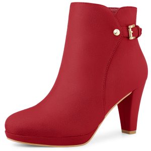 Women's Low Platform Side Zip Buckle Chunky High Heel Ankle Booties Red/9 - Allegra K catalog