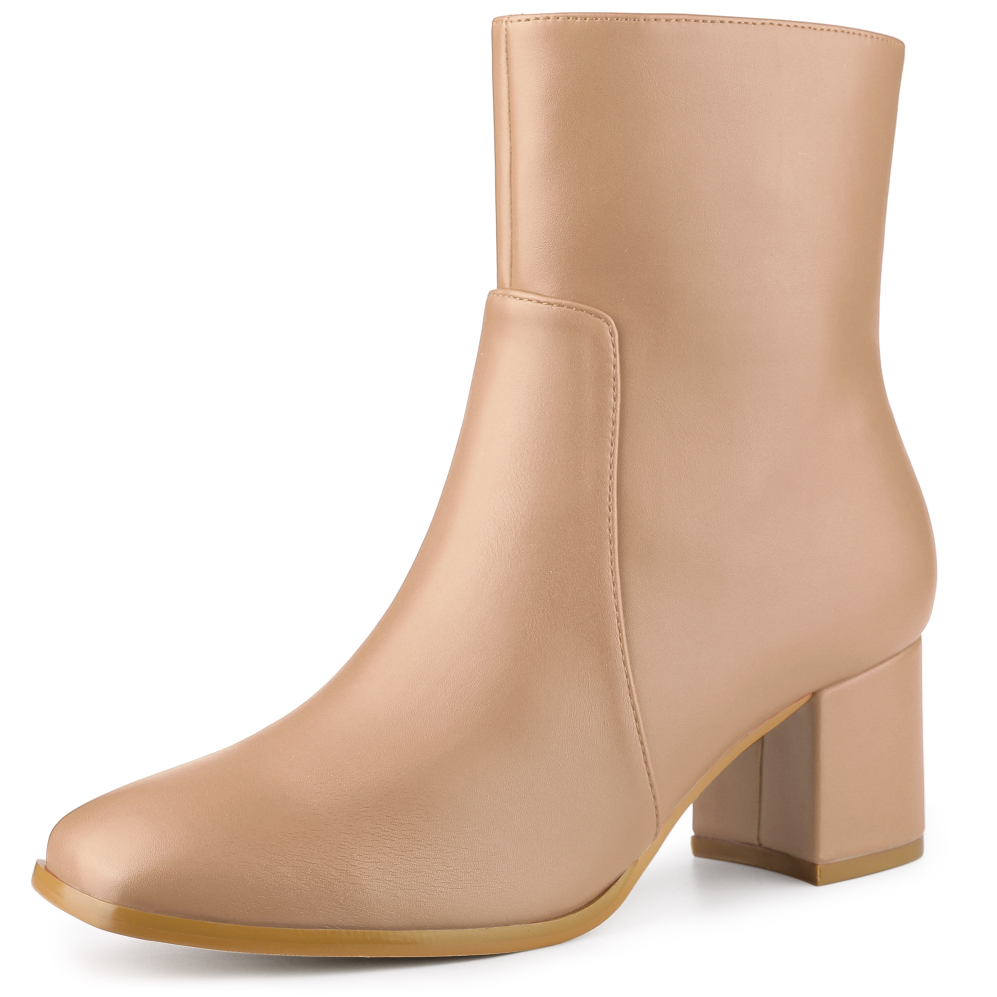 Faux Leather Square Toe Side Zip Block Heel Ankle Boots Nude/9.5 - Allegra K catalog