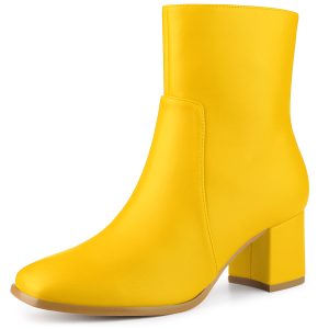 Faux Leather Square Toe Side Zip Block Heel Ankle Boots Yellow/6.5 - Allegra K catalog