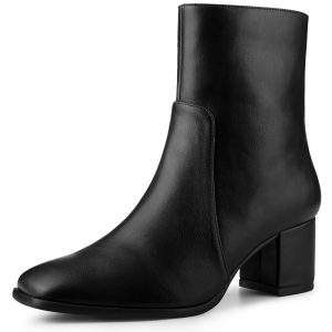 Faux Leather Square Toe Side Zip Block Heel Ankle Boots Black/6.5 - Allegra K catalog