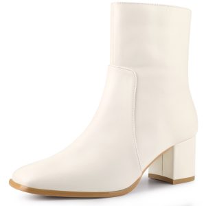 Faux Leather Square Toe Side Zip Block Heel Ankle Boots Cream/6.5 - Allegra K catalog
