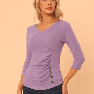 V Neck 3/4 Sleeves Solid Knitted Button Decor Ruched Blouse Gray Purple/L - Allegra K catalog