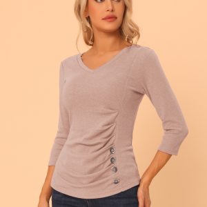 3/4 Sleeve Solid Knitted Button Decor Ruched Blouse Beige Pink/L - Allegra K catalog